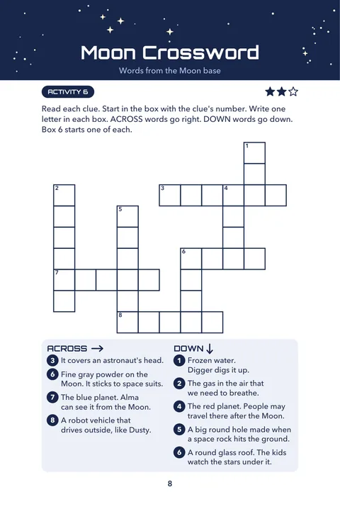Moon Crossword: a printable Moon Kids activity page