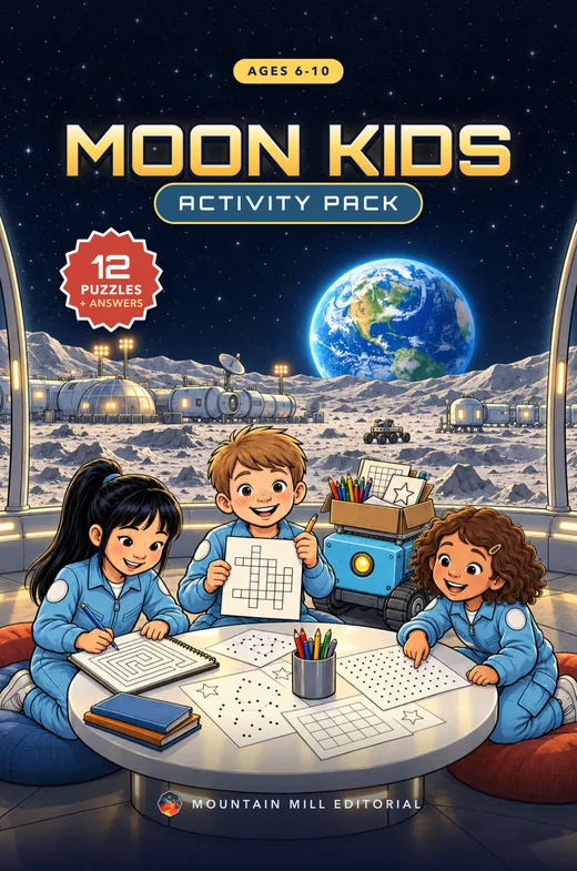 Cover of the free Moon Kids Activity Pack: 12 space puzzles for young explorers ages 6 to 10